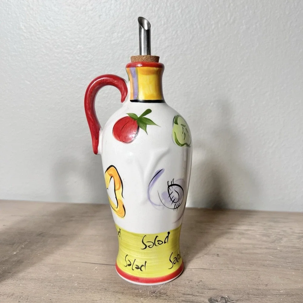 Tabletops Gallery Salad 101 Hand Painted Oil Vinegar Cruet‎ & Pepper Shaker Set